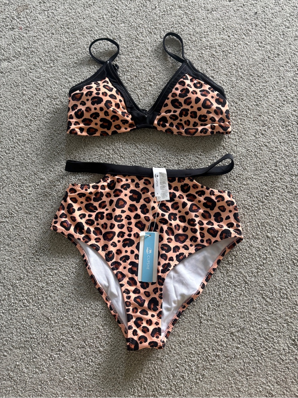 Cupshe Leopard Print High-Waist Bikini Set in Peach and Black